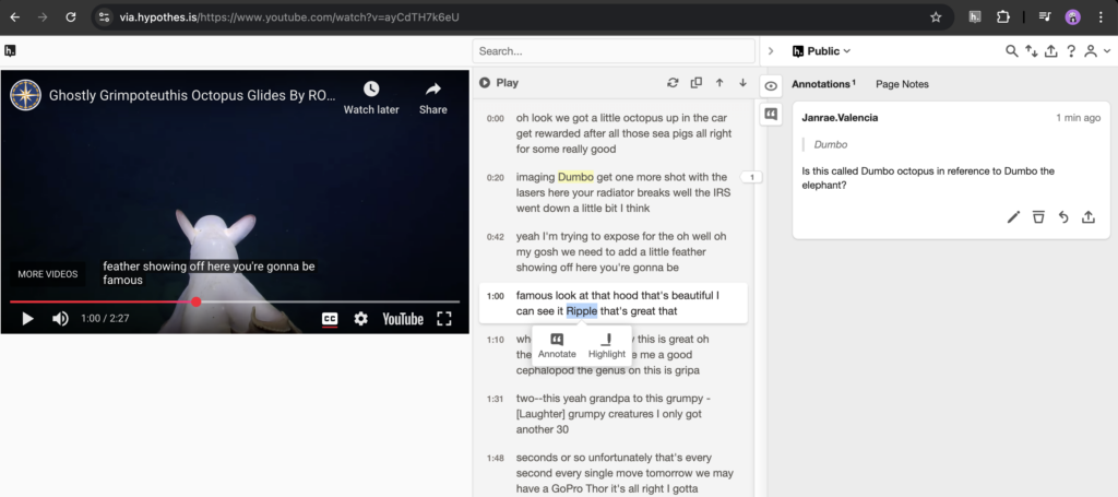 This image shows the Youtube video, its transcript and the Hypothesis sidebar all in separate columns.
